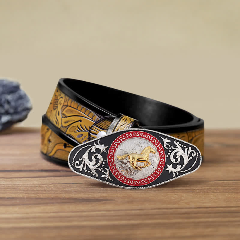 Ceinture en cuir à boucle animalière noire et dorée pour homme - Cheval au galop - Ceinture SandyBrown (40) - image 12
