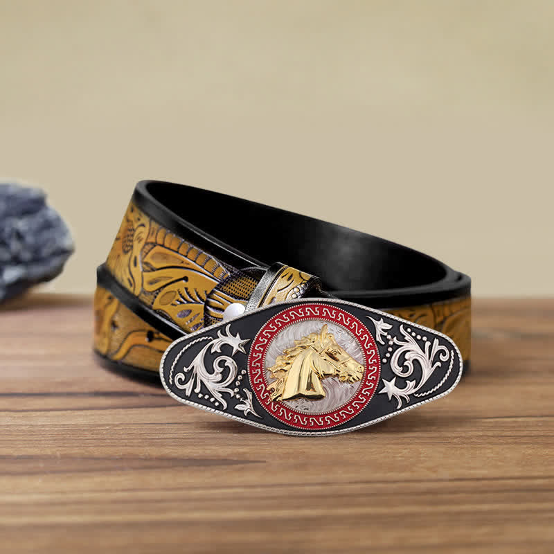 Ceinture en cuir à boucle animalière noire et dorée pour homme - Tête de cheval - Ceinture SandyBrown (40) - image 21
