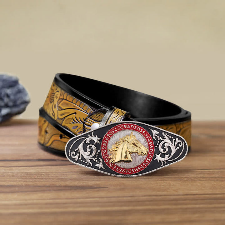 Ceinture en cuir à boucle animalière noire et dorée pour homme - Tête de cheval - Ceinture SandyBrown (40) - image 21