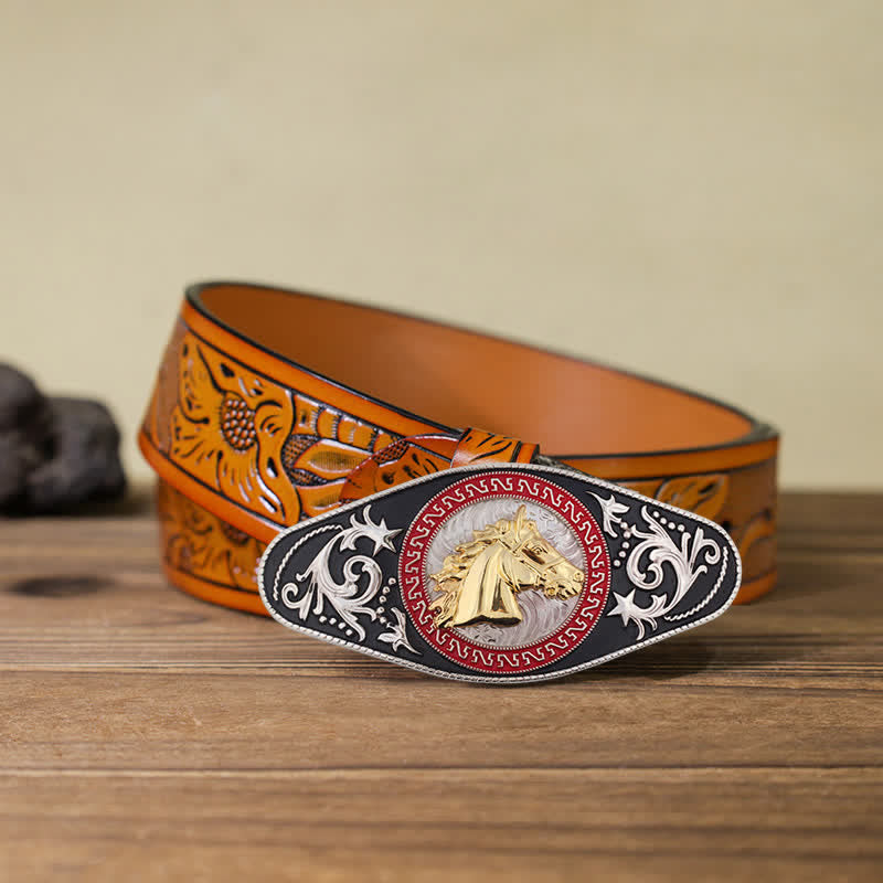 Ceinture en cuir à boucle animalière noire et dorée pour homme - Tête de cheval - Ceinture sculptée orange (40) - image 22