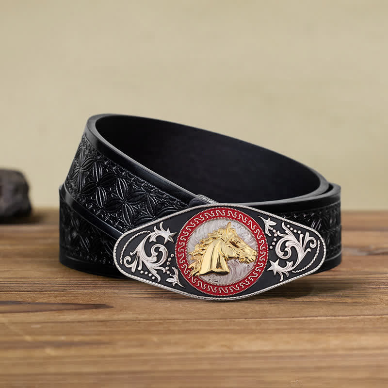 Ceinture en cuir à boucle animalière noire et dorée pour homme - Tête de cheval - Ceinture tissée noire en relief (40) - image 18
