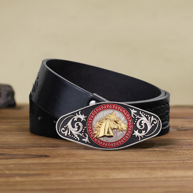 Ceinture en cuir à boucle animalière noire et dorée pour homme - Tête de cheval - Ceinture noire avec aigle en relief (40) - image 17