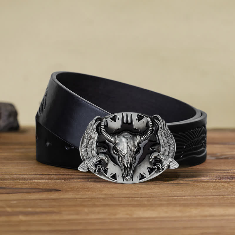 Ceinture en cuir à boucle vintage pour homme avec motif taureau et double aigle