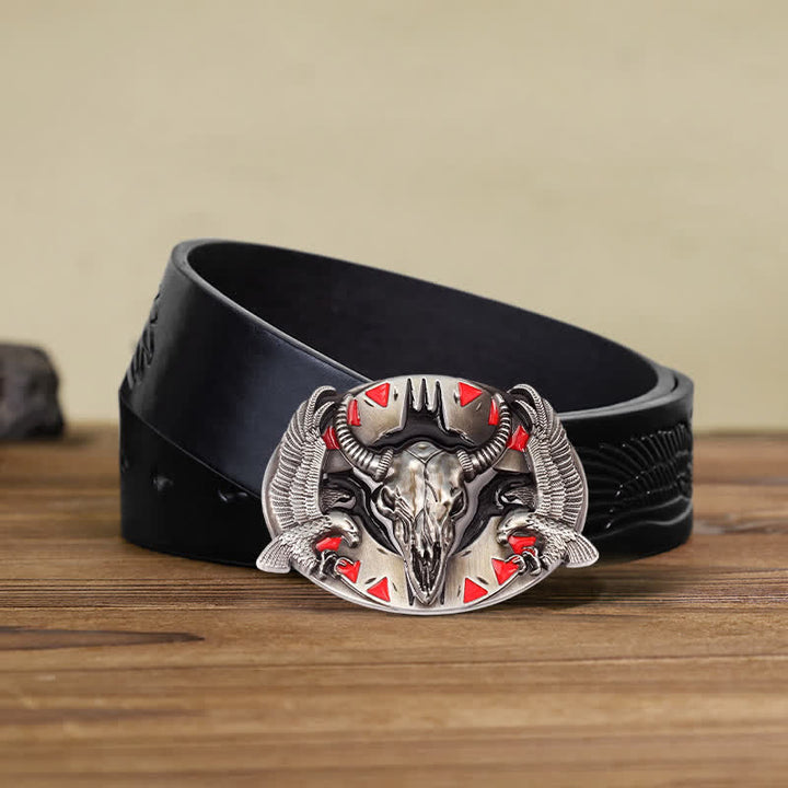 Ceinture en cuir à boucle vintage pour homme avec motif taureau et double aigle