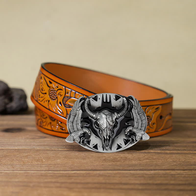 Ceinture en cuir à boucle vintage pour homme avec motif taureau et double aigle