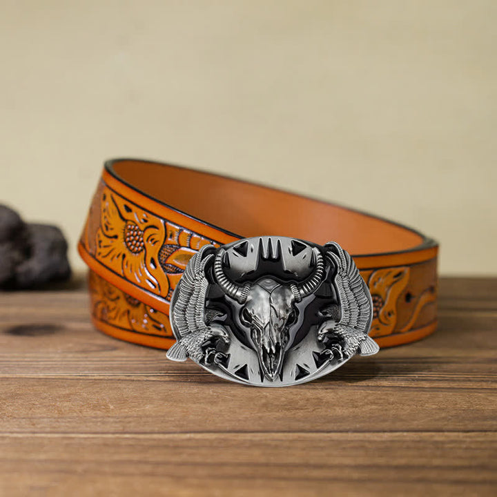 Ceinture en cuir à boucle vintage pour homme avec motif taureau et double aigle