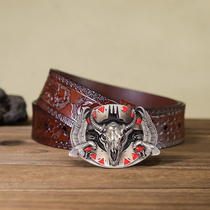 Ceinture en cuir à boucle vintage pour homme avec motif taureau et double aigle