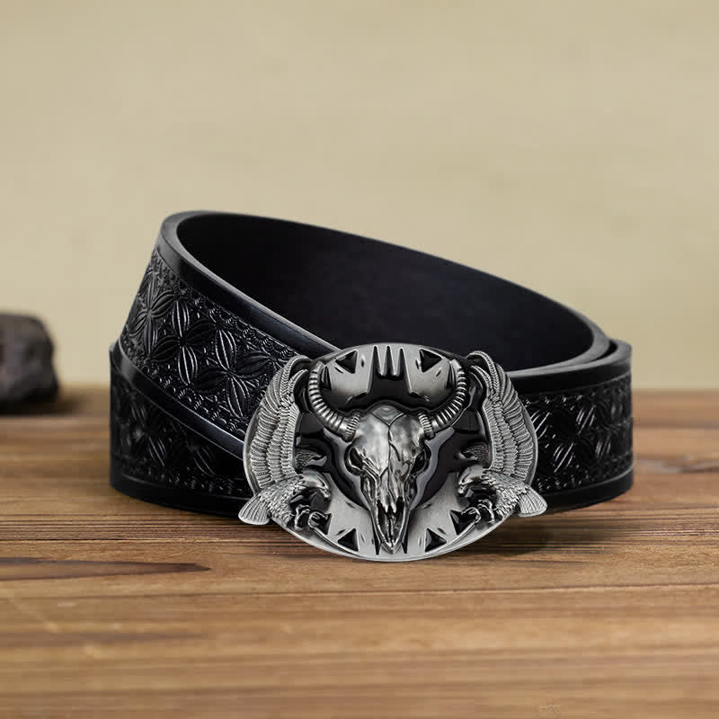Ceinture en cuir à boucle vintage pour homme avec motif taureau et double aigle
