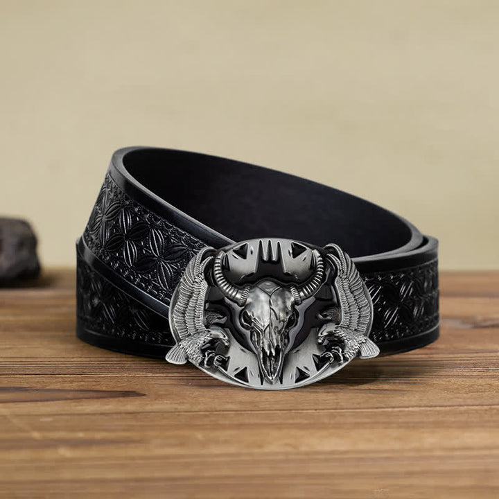Ceinture en cuir à boucle vintage pour homme avec motif taureau et double aigle