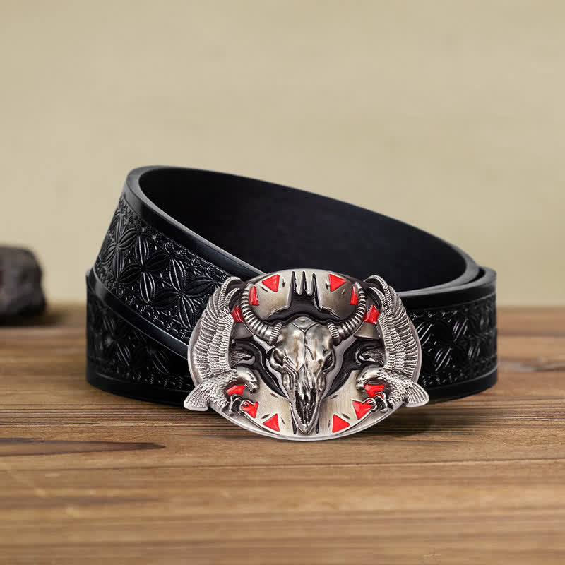 Ceinture en cuir à boucle vintage pour homme avec motif taureau et double aigle