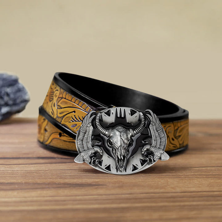 Ceinture en cuir à boucle vintage pour homme avec motif taureau et double aigle