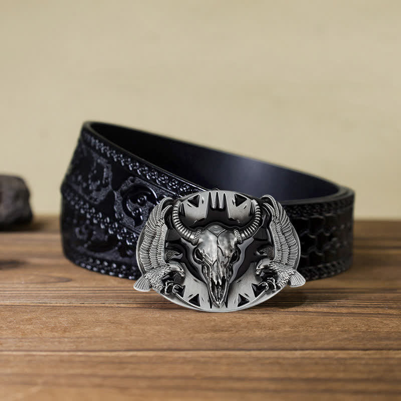 Ceinture en cuir à boucle vintage pour homme avec motif taureau et double aigle