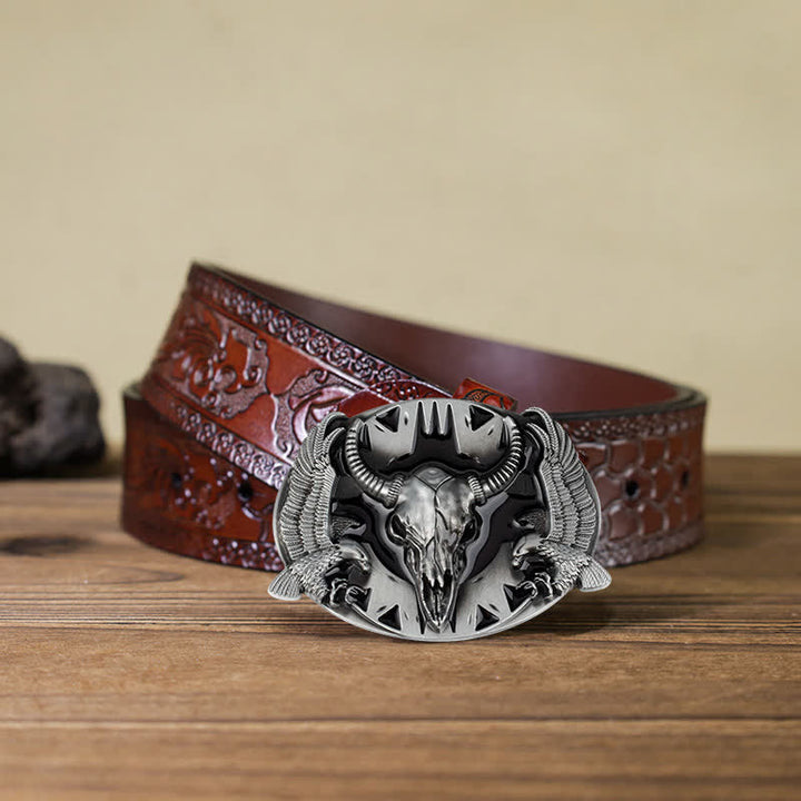 Ceinture en cuir à boucle vintage pour homme avec motif taureau et double aigle