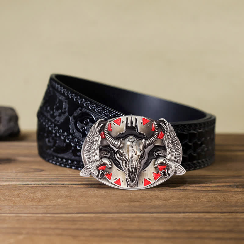 Ceinture en cuir à boucle vintage pour homme avec motif taureau et double aigle