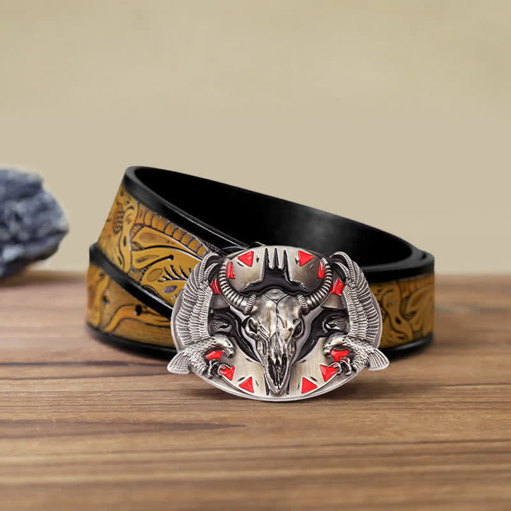 Ceinture en cuir à boucle vintage pour homme avec motif taureau et double aigle