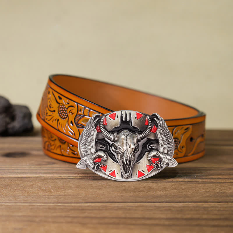 Ceinture en cuir à boucle vintage pour homme avec motif taureau et double aigle