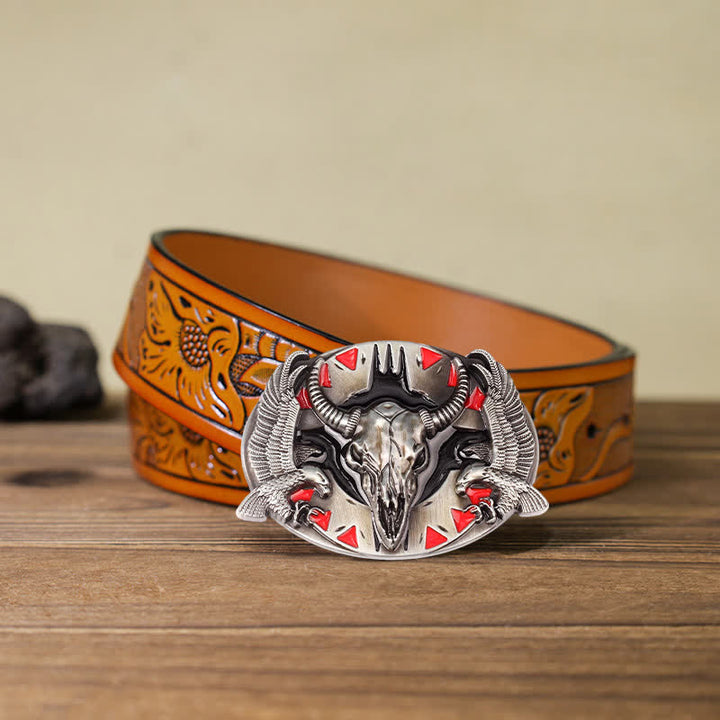 Ceinture en cuir à boucle vintage pour homme avec motif taureau et double aigle