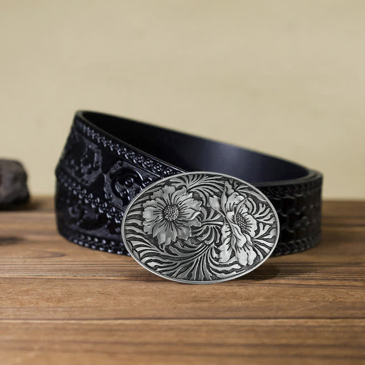 Ceinture en cuir à boucle ovale à motif floral occidental pour homme