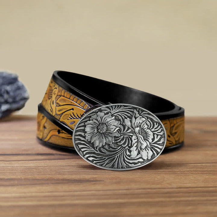 Ceinture en cuir à boucle ovale à motif floral occidental pour homme