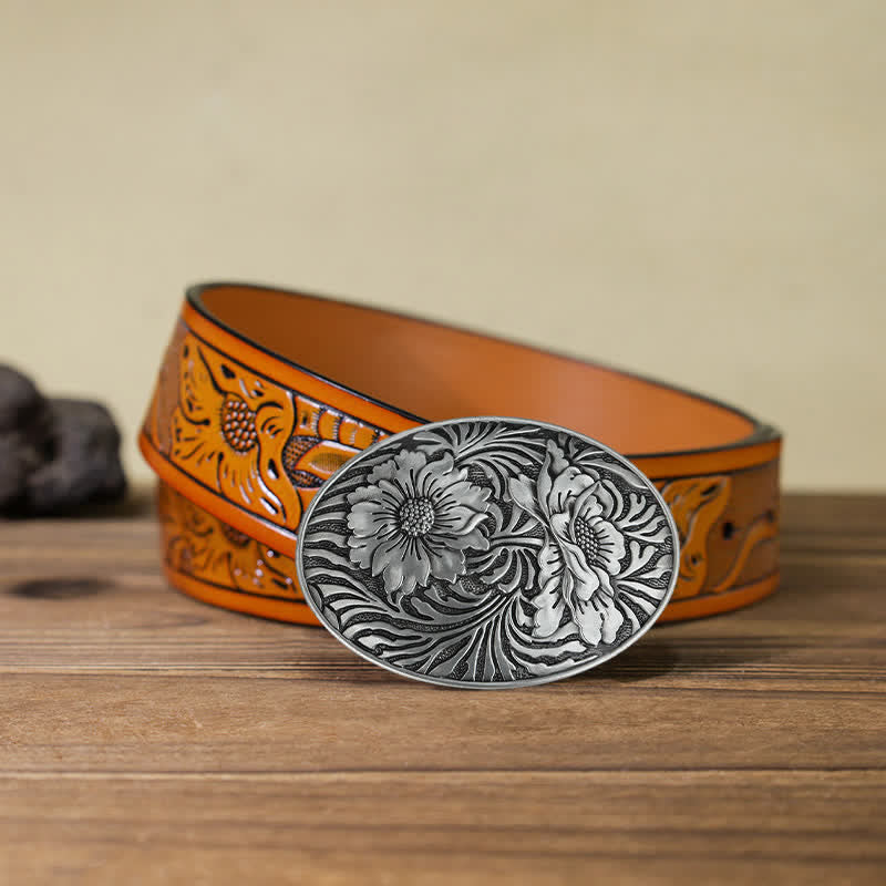 Ceinture en cuir à boucle ovale à motif floral occidental pour homme