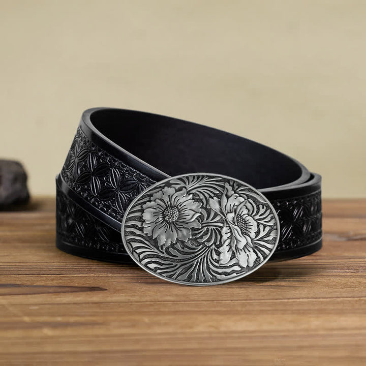 Ceinture en cuir à boucle ovale à motif floral occidental pour homme
