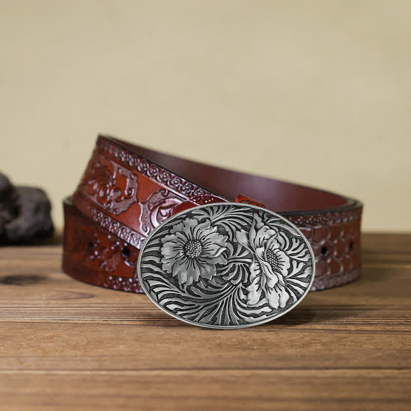 Ceinture en cuir à boucle ovale à motif floral occidental pour homme