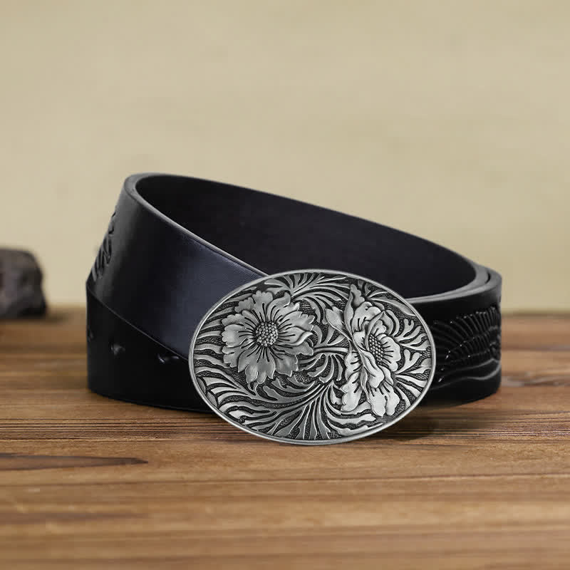 Ceinture en cuir à boucle ovale à motif floral occidental pour homme