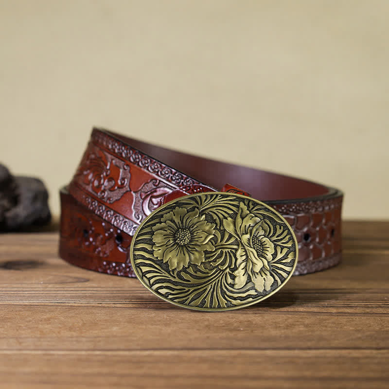 Ceinture en cuir à boucle ovale à motif floral occidental pour homme
