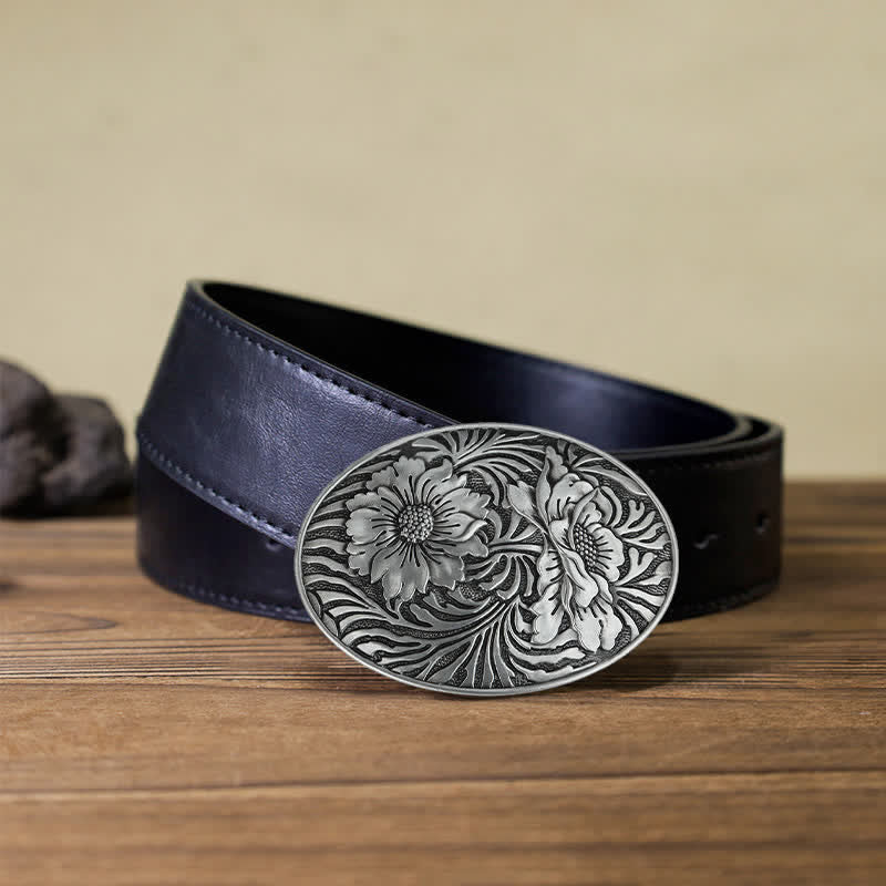 Ceinture en cuir à boucle ovale à motif floral occidental pour homme