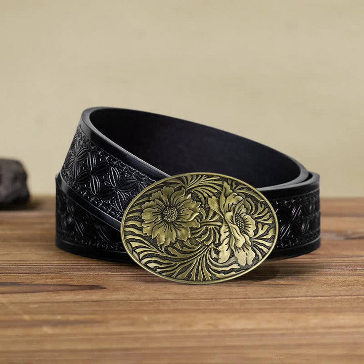 Ceinture en cuir à boucle ovale à motif floral occidental pour homme