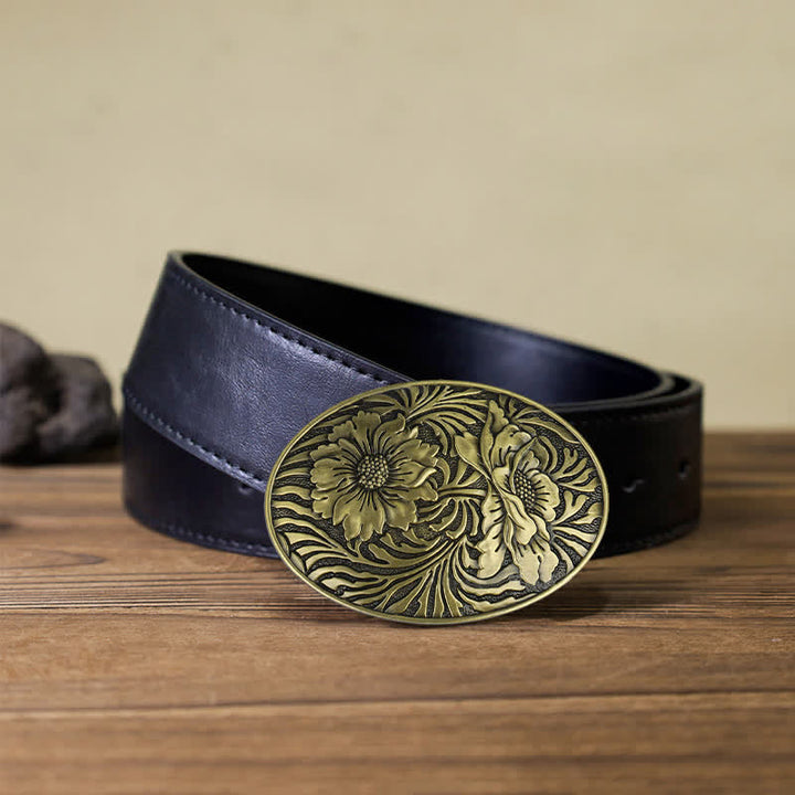 Ceinture en cuir à boucle ovale à motif floral occidental pour homme