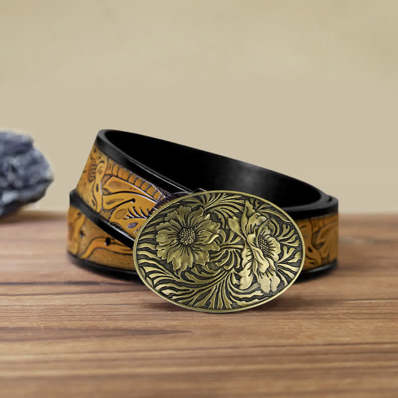 Ceinture en cuir à boucle ovale à motif floral occidental pour homme