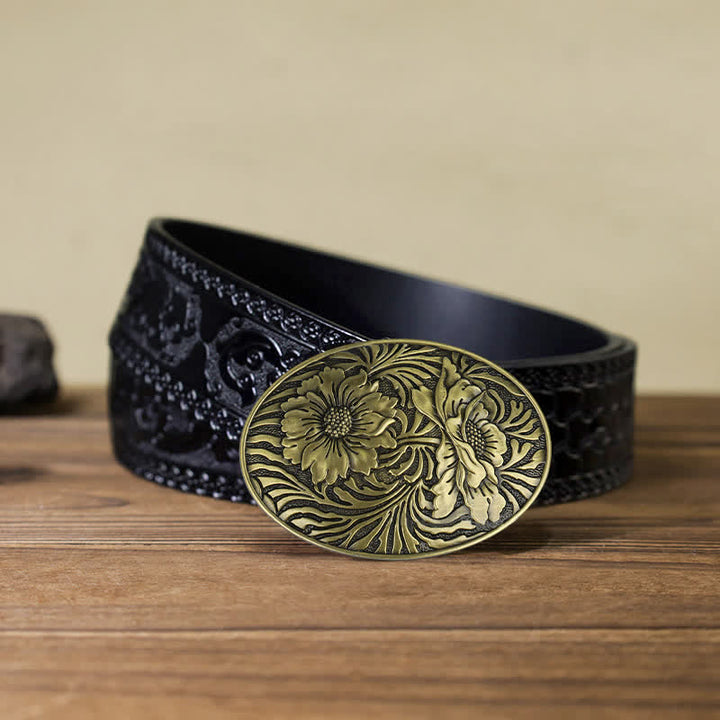 Ceinture en cuir à boucle ovale à motif floral occidental pour homme