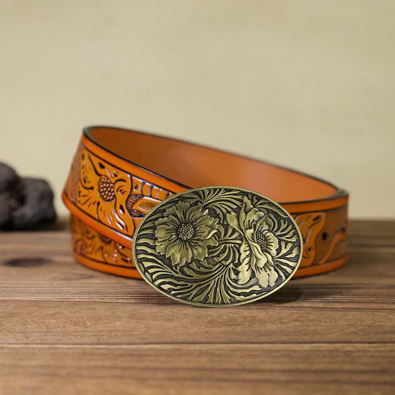 Ceinture en cuir à boucle ovale à motif floral occidental pour homme