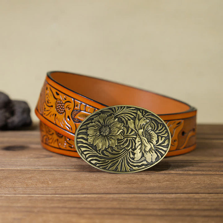 Ceinture en cuir à boucle ovale à motif floral occidental pour homme