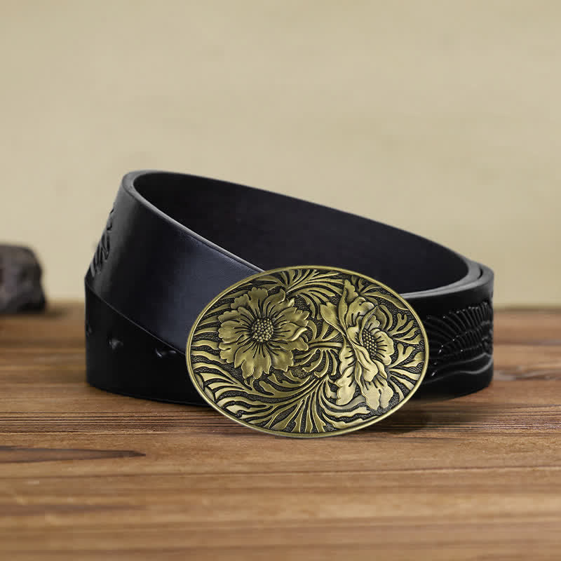 Ceinture en cuir à boucle ovale à motif floral occidental pour homme