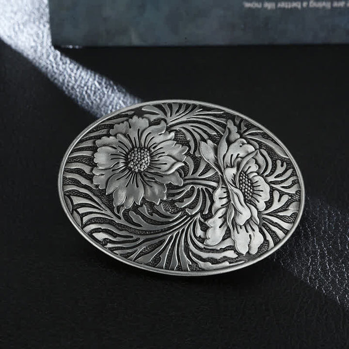 Ceinture en cuir à boucle ovale à motif floral occidental pour homme