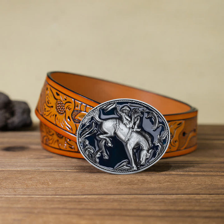 Ceinture en cuir avec boucle d'équitation en émail bleu pour homme