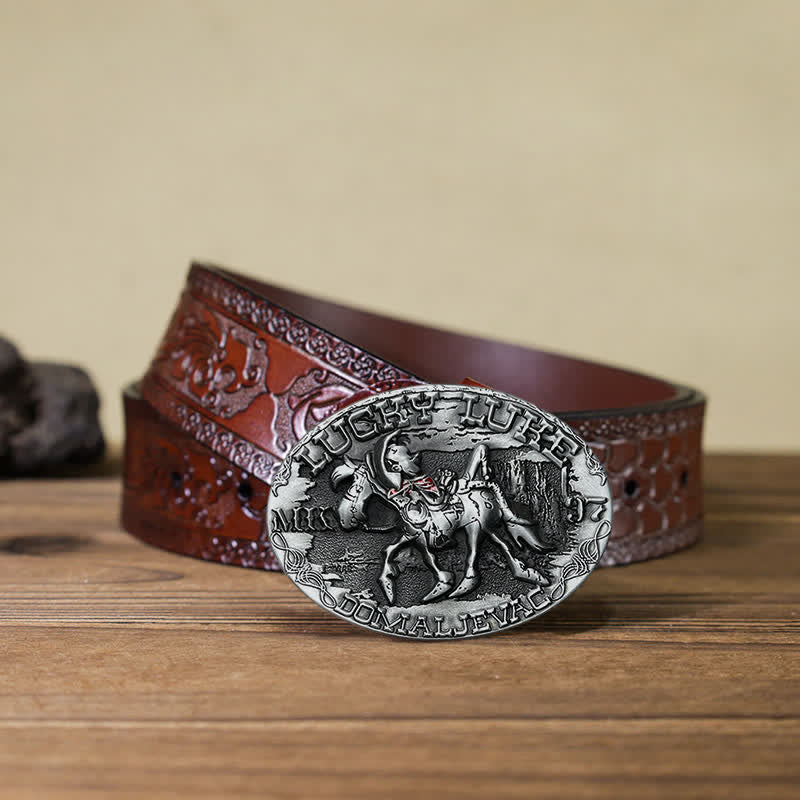 Ceinture en cuir à boucle pour homme avec motif anse montée sur Lucky Luke