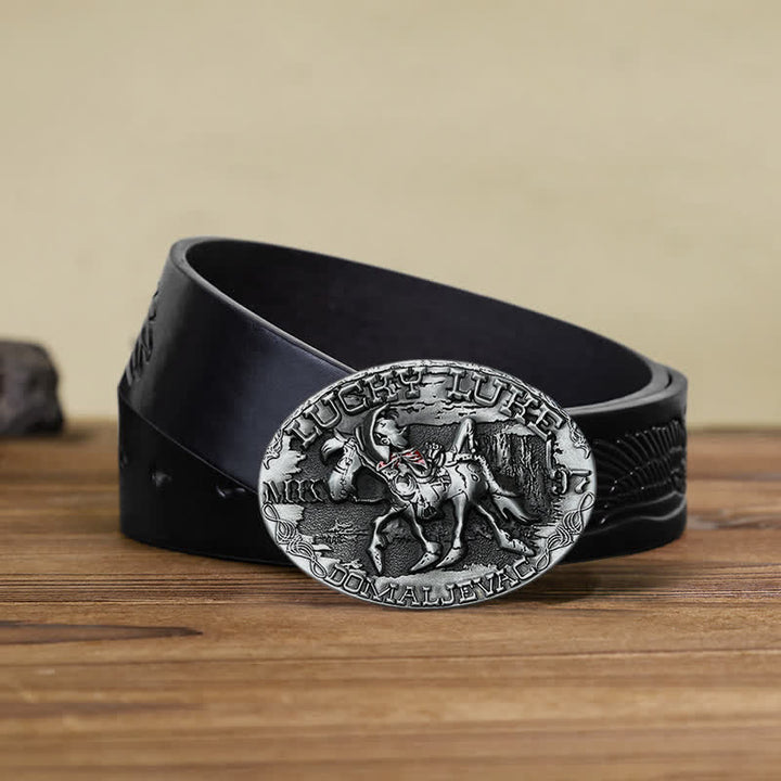 Ceinture en cuir à boucle pour homme avec motif anse montée sur Lucky Luke