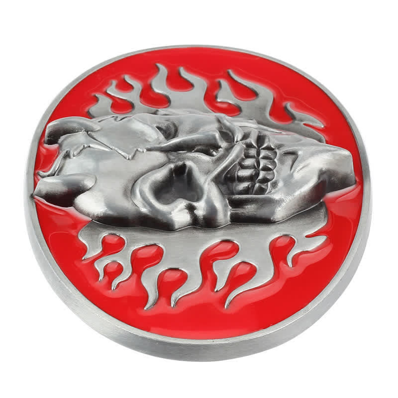 Ceinture en cuir à boucle pour homme avec tête de mort et flamme rouge