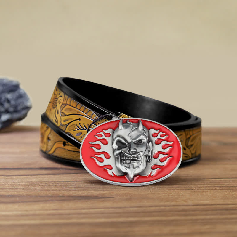 Ceinture en cuir à boucle pour homme avec tête de mort et flamme rouge