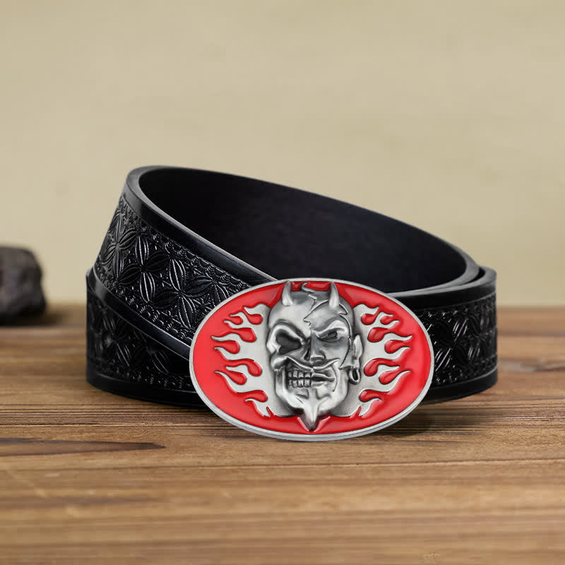 Ceinture en cuir à boucle pour homme avec tête de mort et flamme rouge