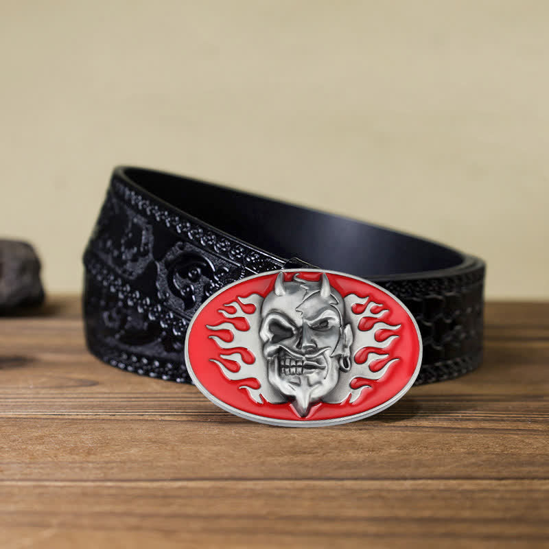 Ceinture en cuir à boucle pour homme avec tête de mort et flamme rouge