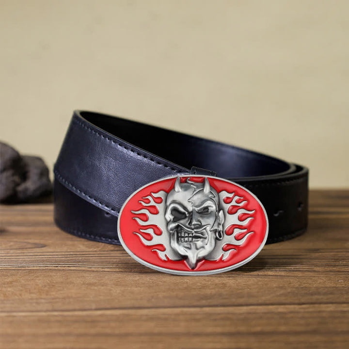 Ceinture en cuir à boucle pour homme avec tête de mort et flamme rouge