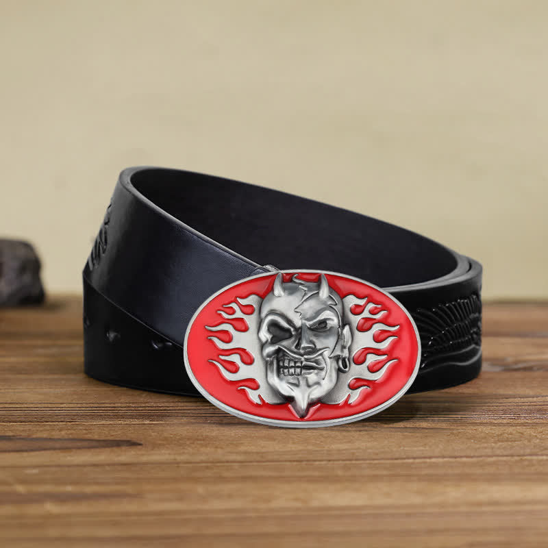 Ceinture en cuir à boucle pour homme avec tête de mort et flamme rouge