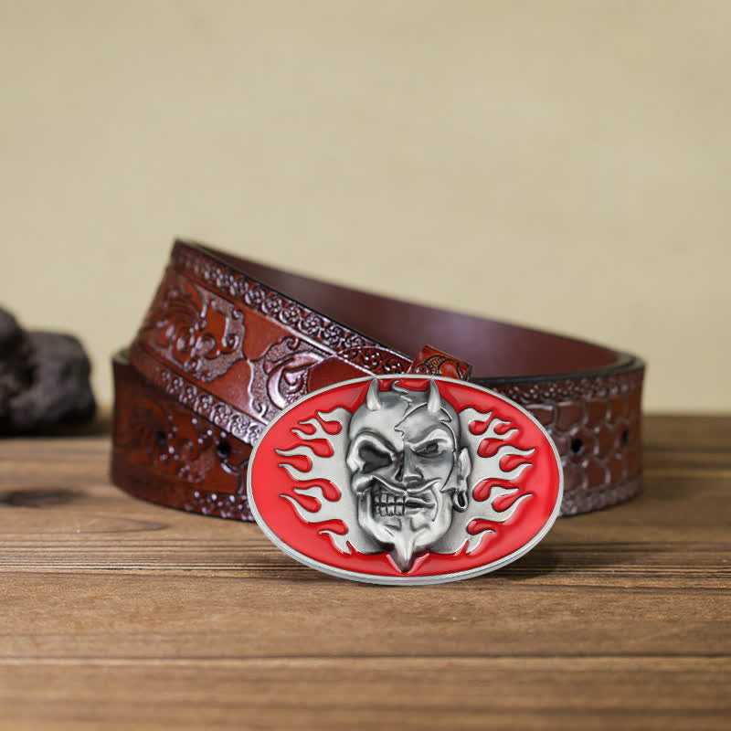 Ceinture en cuir à boucle pour homme avec tête de mort et flamme rouge