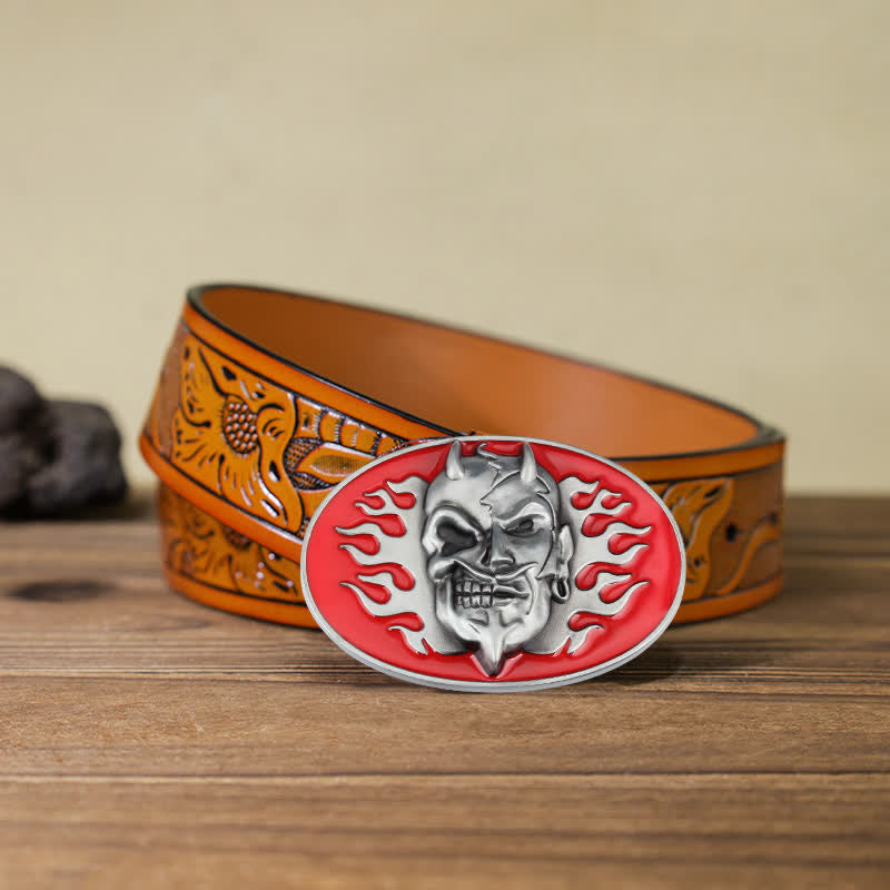 Ceinture en cuir à boucle pour homme avec tête de mort et flamme rouge