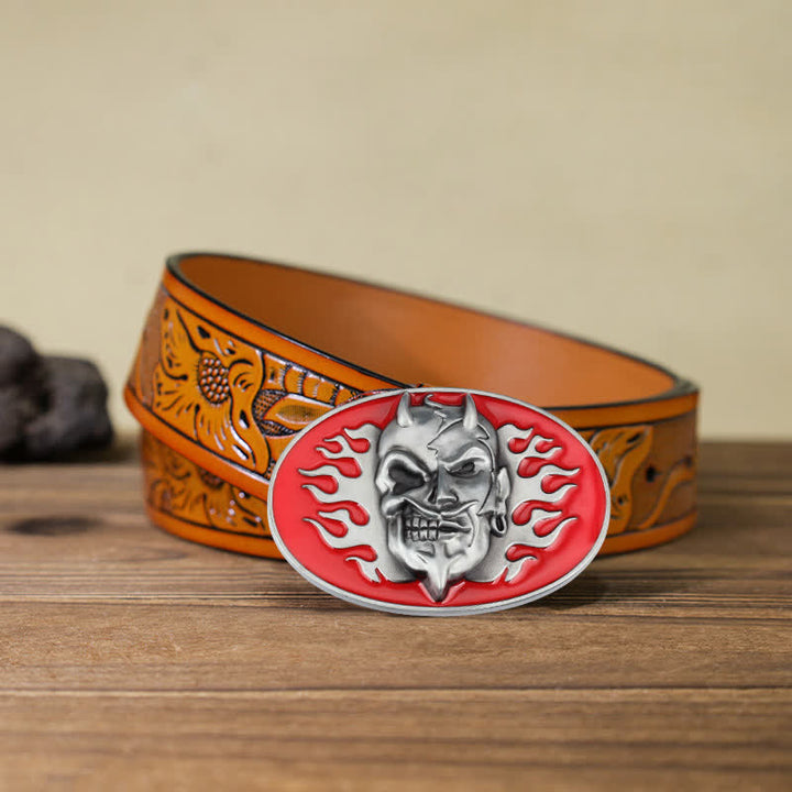 Ceinture en cuir à boucle pour homme avec tête de mort et flamme rouge