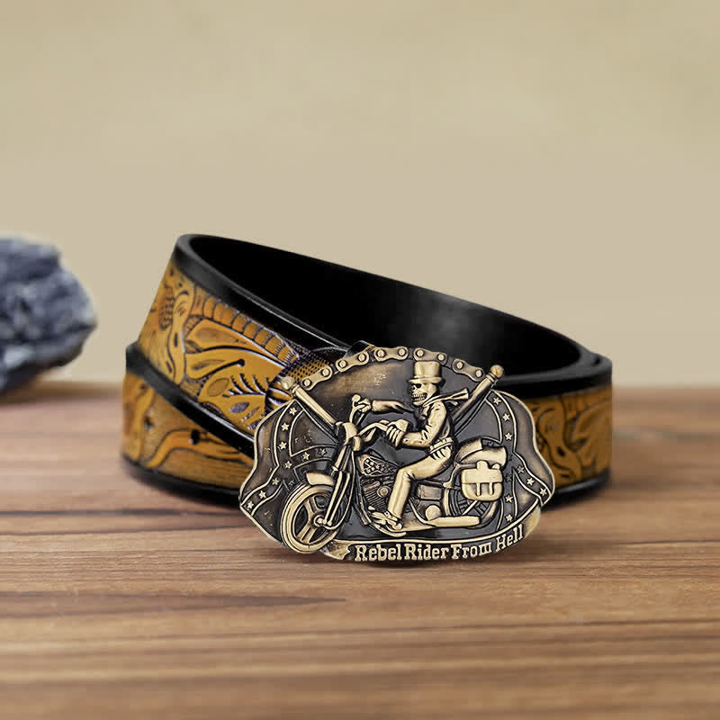 Ceinture en cuir à boucle pour homme avec tête de mort et moto